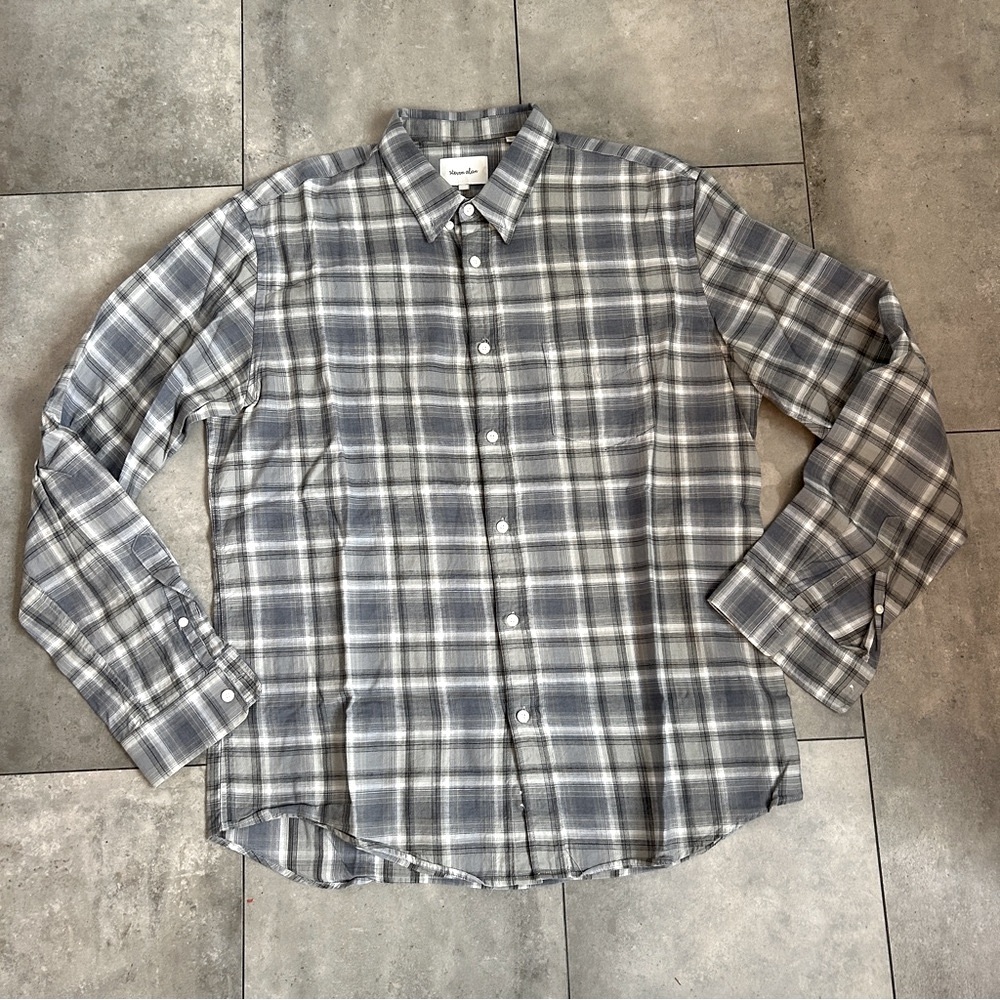 Steven Alan gray blue  plaid linen blend button down shirt Large